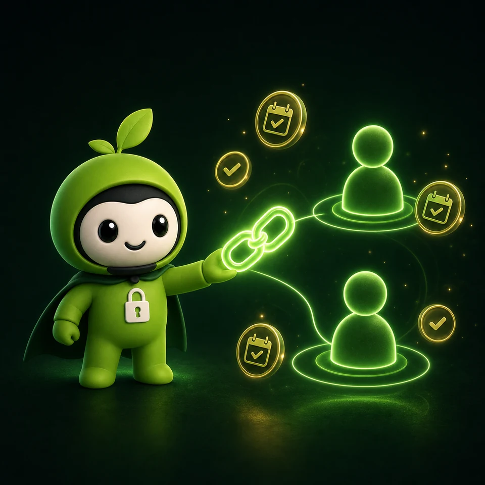 Greeny показывает партнёрскую ссылку и сеть приглашённых клиентов